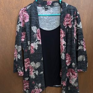 Floral Black Cardigan with Attached Cami